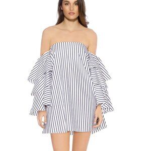 CAROLINE CONSTAS Striped Carmen Off the Shoulder Dress XS White Navy